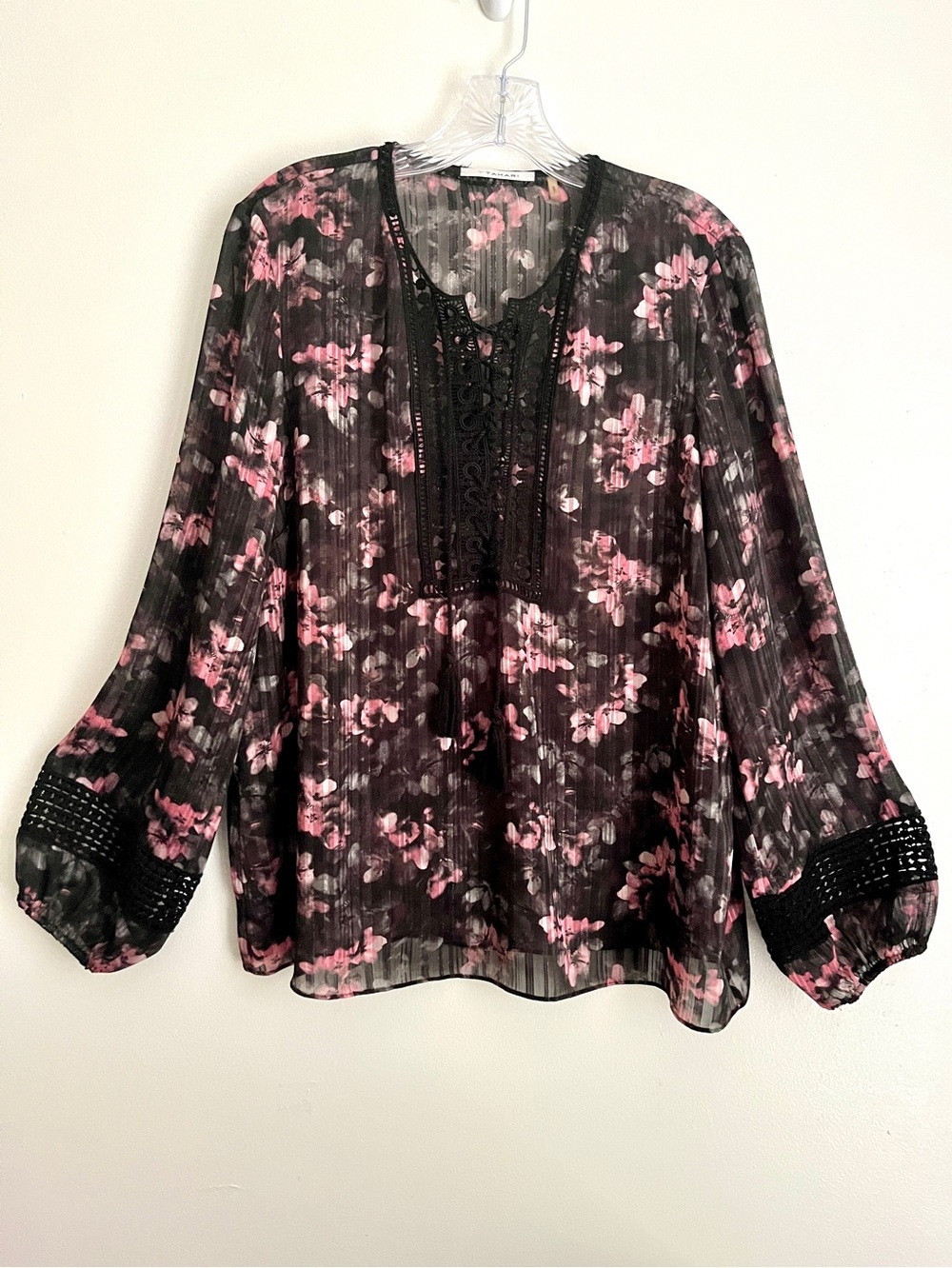 T Tahari Semi Sheer Floral Blouse XL Black Pink Crochet Lace Up Whimsigoth Date